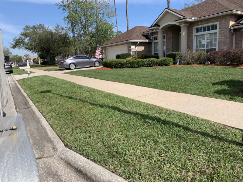 front lawn after mowing and sidewalk and curb after edging in Eagle Harbor in Fleming Island, FL