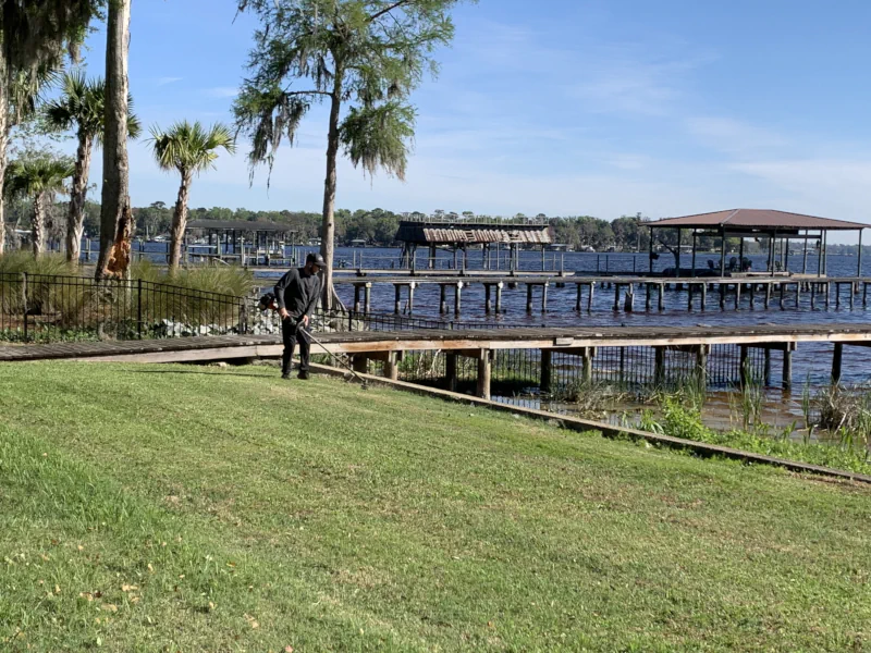 Bulkhead being string trimmed in backyard on Doctors Lake in Middleburg, FL.